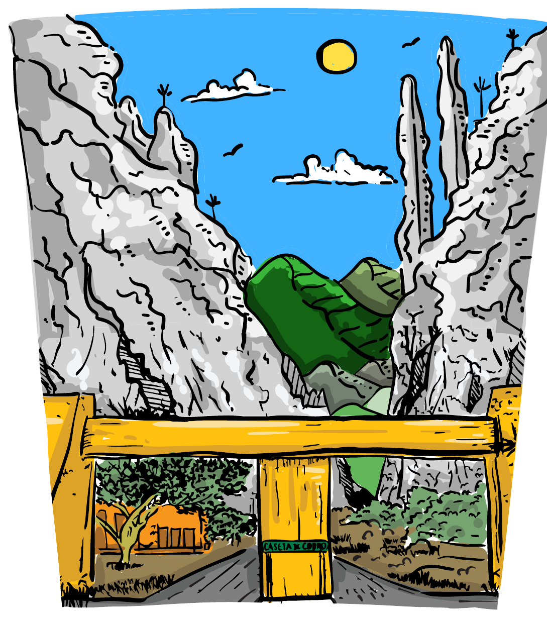 Chong’s illustration of the yellow entrance gate and limestone walls at Potrero Chico