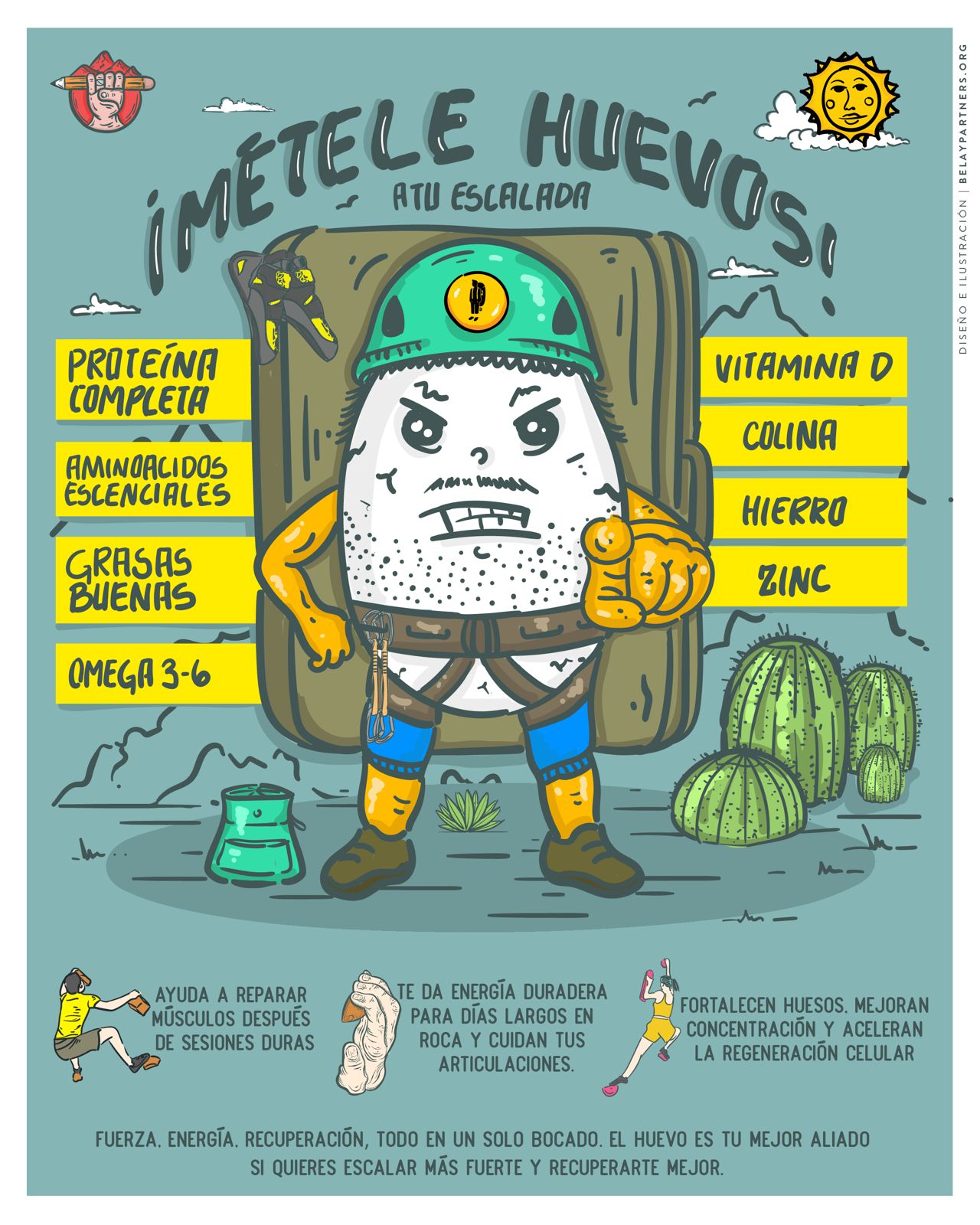 Ilustración de un huevo caricaturizado como escalador con casco y arnés, mostrando los beneficios nutricionales del huevo para la escalada: proteína completa, grasas buenas, vitamina D, colina, hierro y zinc. Diseño original de Belay Partners.