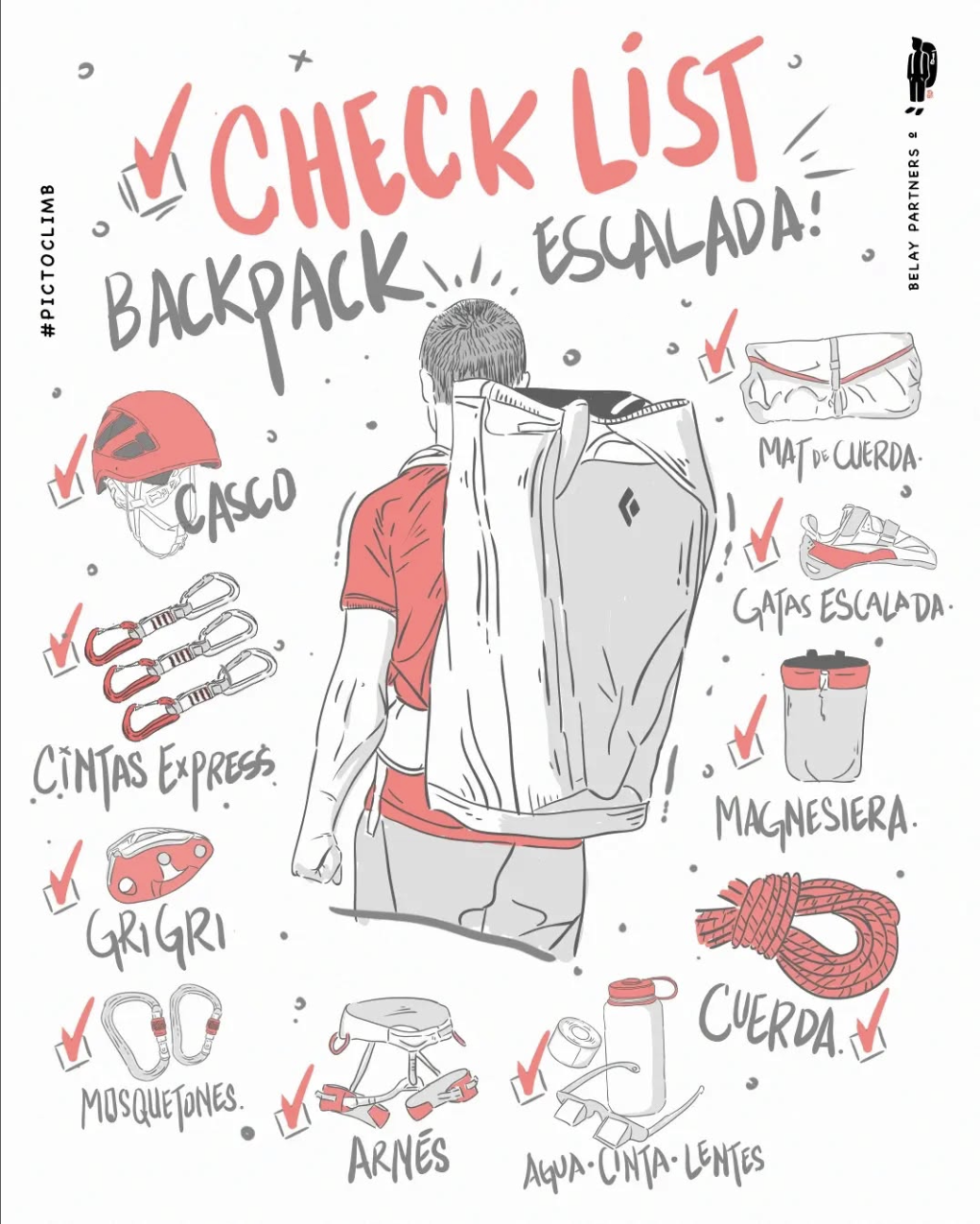 Ilustración de un checklist para mochila de escalada, que incluye casco, cintas express, grigri, mosquetones, arnés, mat de cuerda, gatos de escalada, magnesiera, cuerda, agua, cinta y lentes. Imagen diseñada por Belay Partners.