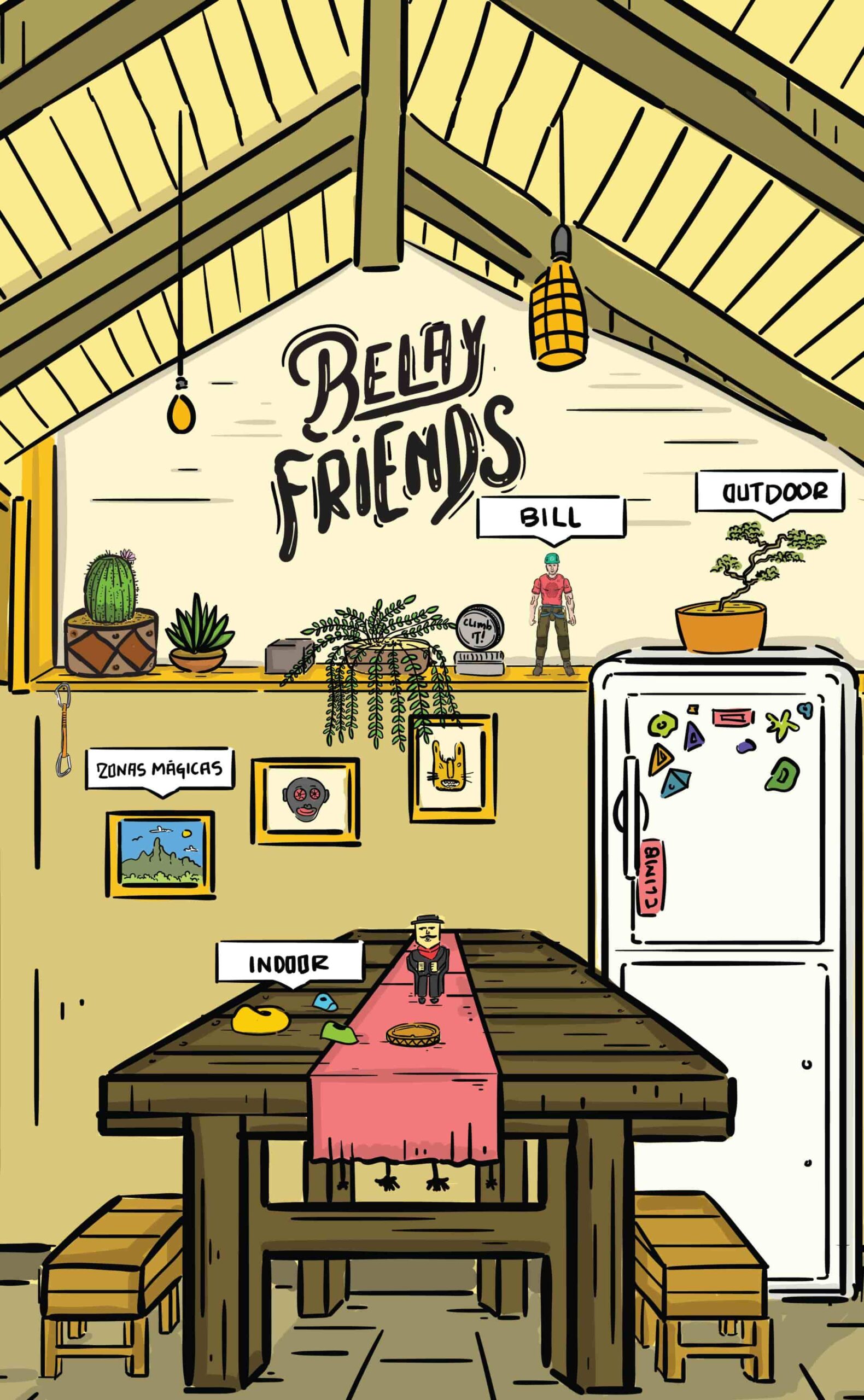 Ilustración de una cabaña con techo alto estilo rústico, decorada con plantas, cuadros y una mesa central. En la pared se lee “Belay Friends” y hay etiquetas visuales con enlaces a secciones como Bill, Outdoor, Indoor y Zonas Mágicas.