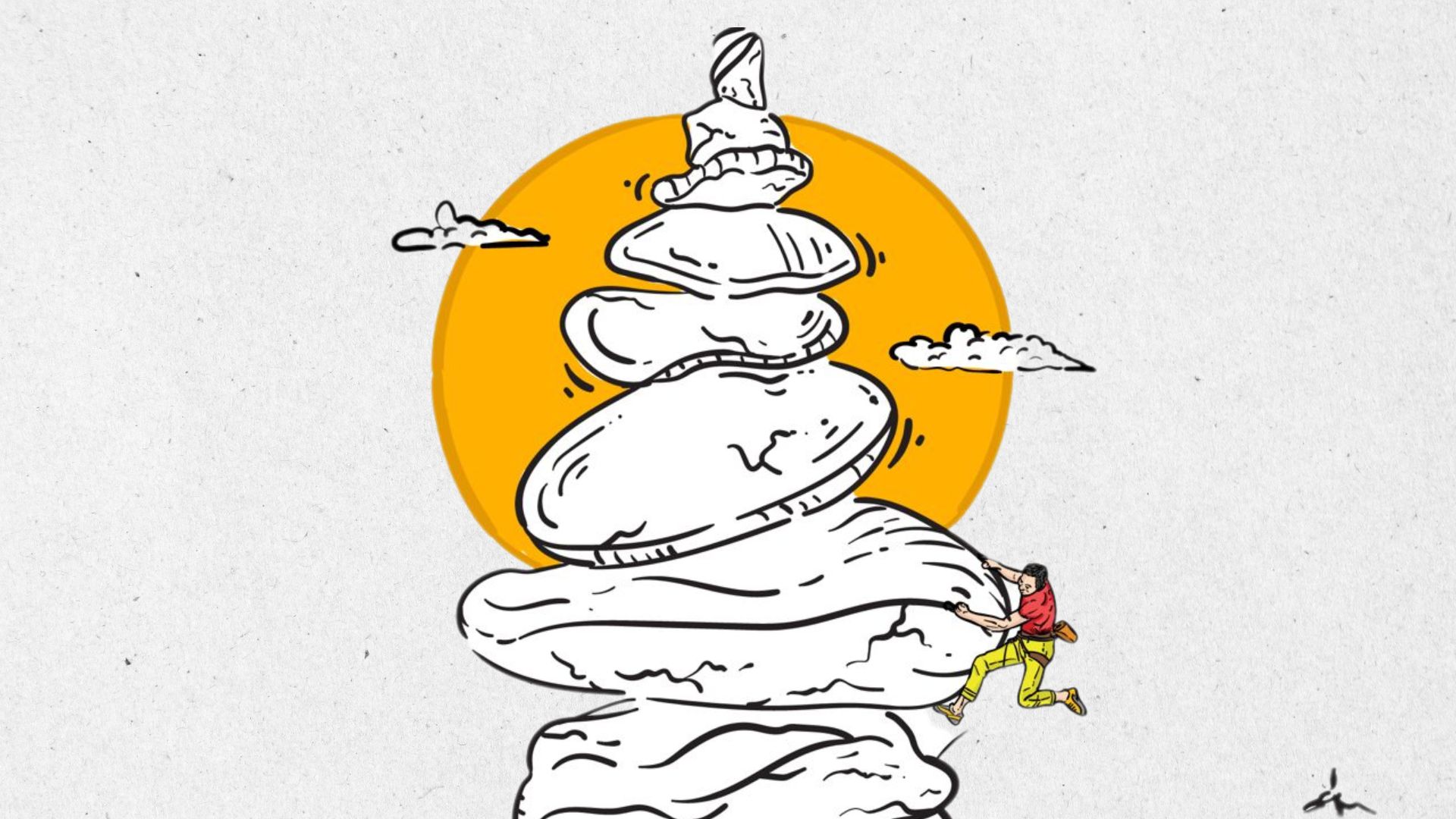Ilustración de escalador subiendo una torre de piedras apiladas en equilibrio con un sol naranja al fondo, simbolizando la importancia del balance en la escalada.