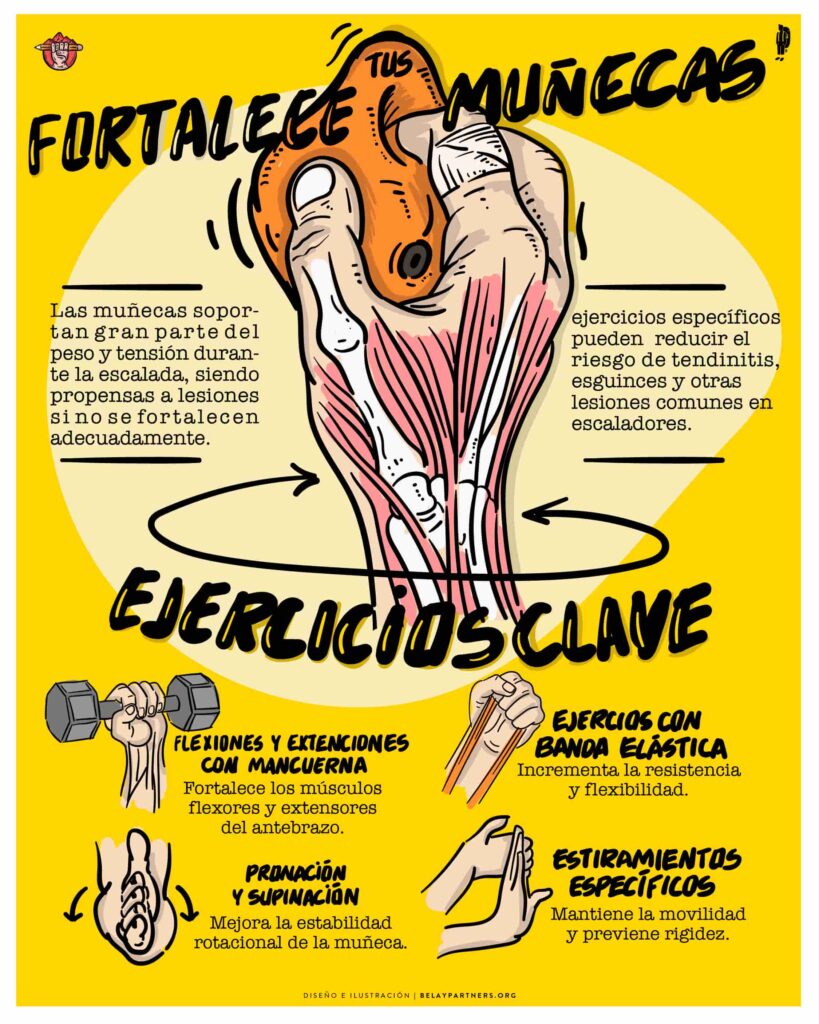 Infografía sobre ejercicios para fortalecer las muñecas en escalada, con dibujos de ejercicios como flexiones con mancuerna y banda elástica.