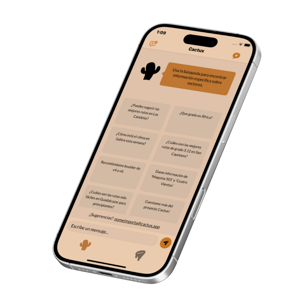 Pantalla del chat con inteligencia artificial de la app Cactux, mostrando preguntas frecuentes de escaladores como recomendaciones de rutas, grados de boulder y condiciones climáticas en sectores de escalada de Guadalcázar.
