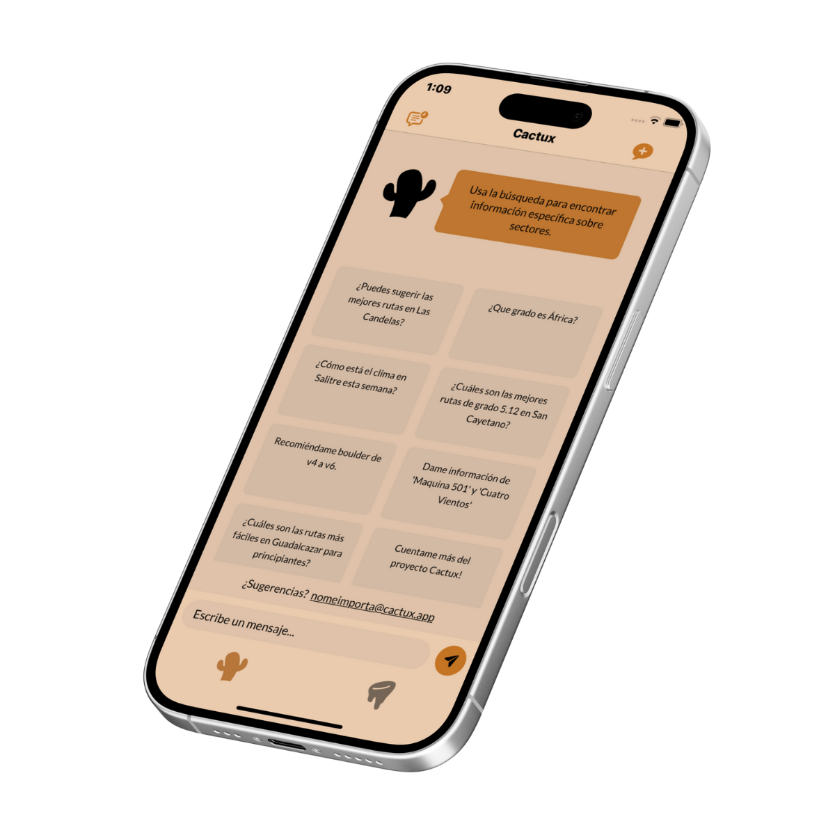 Pantalla del chat con inteligencia artificial de la app Cactux, mostrando preguntas frecuentes de escaladores como recomendaciones de rutas, grados de boulder y condiciones climáticas en sectores de escalada de Guadalcázar.