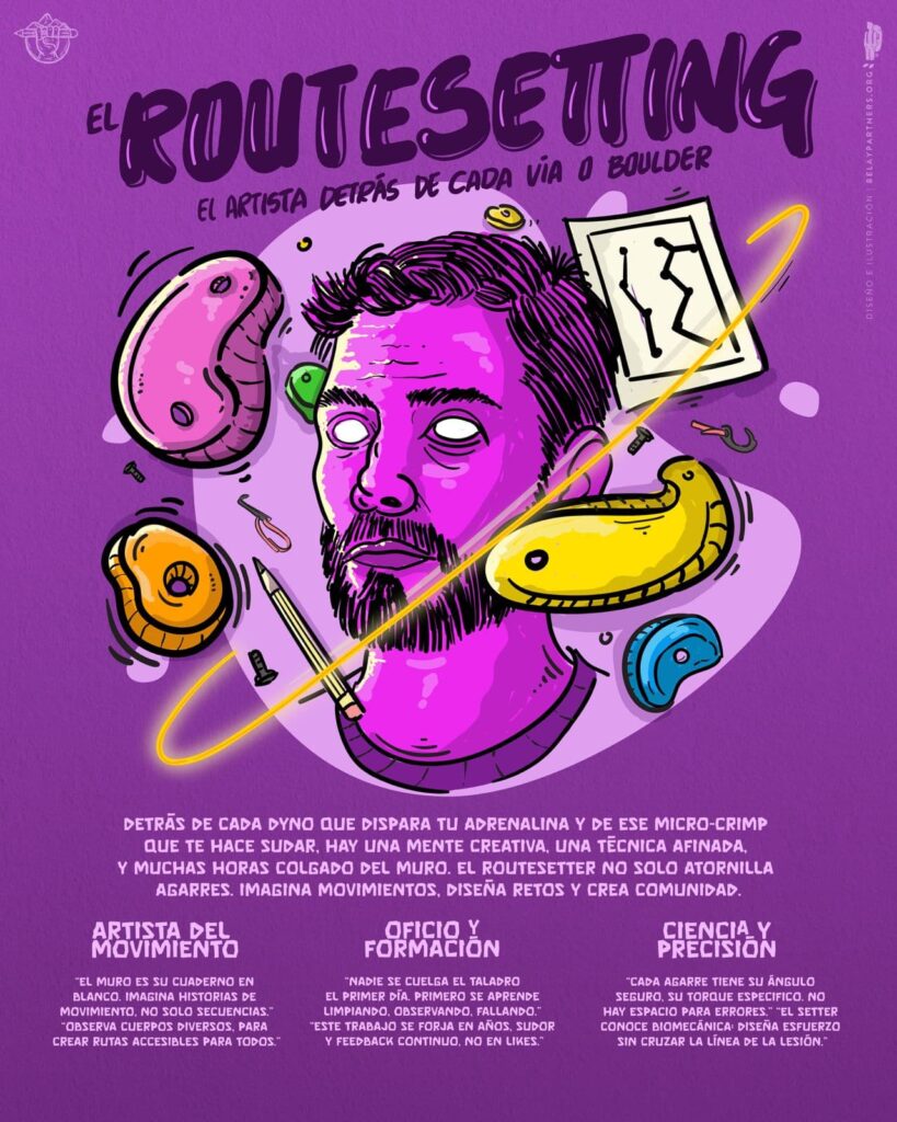 ilustración en tonos morados de un routesetter rodeado de presas de escalada, herramientas y una hoja con el dibujo de una vía.