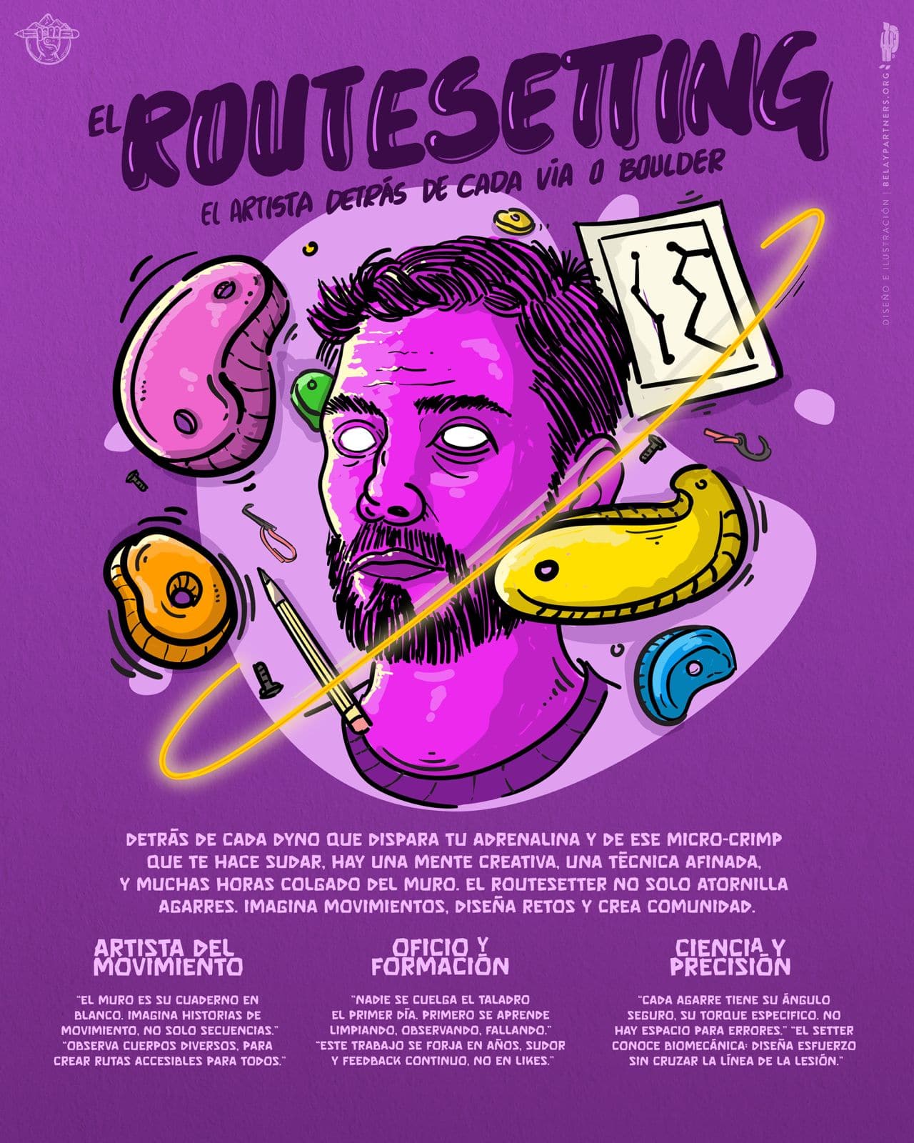 ilustración en tonos morados de un routesetter rodeado de presas de escalada, herramientas y una hoja con el dibujo de una vía.