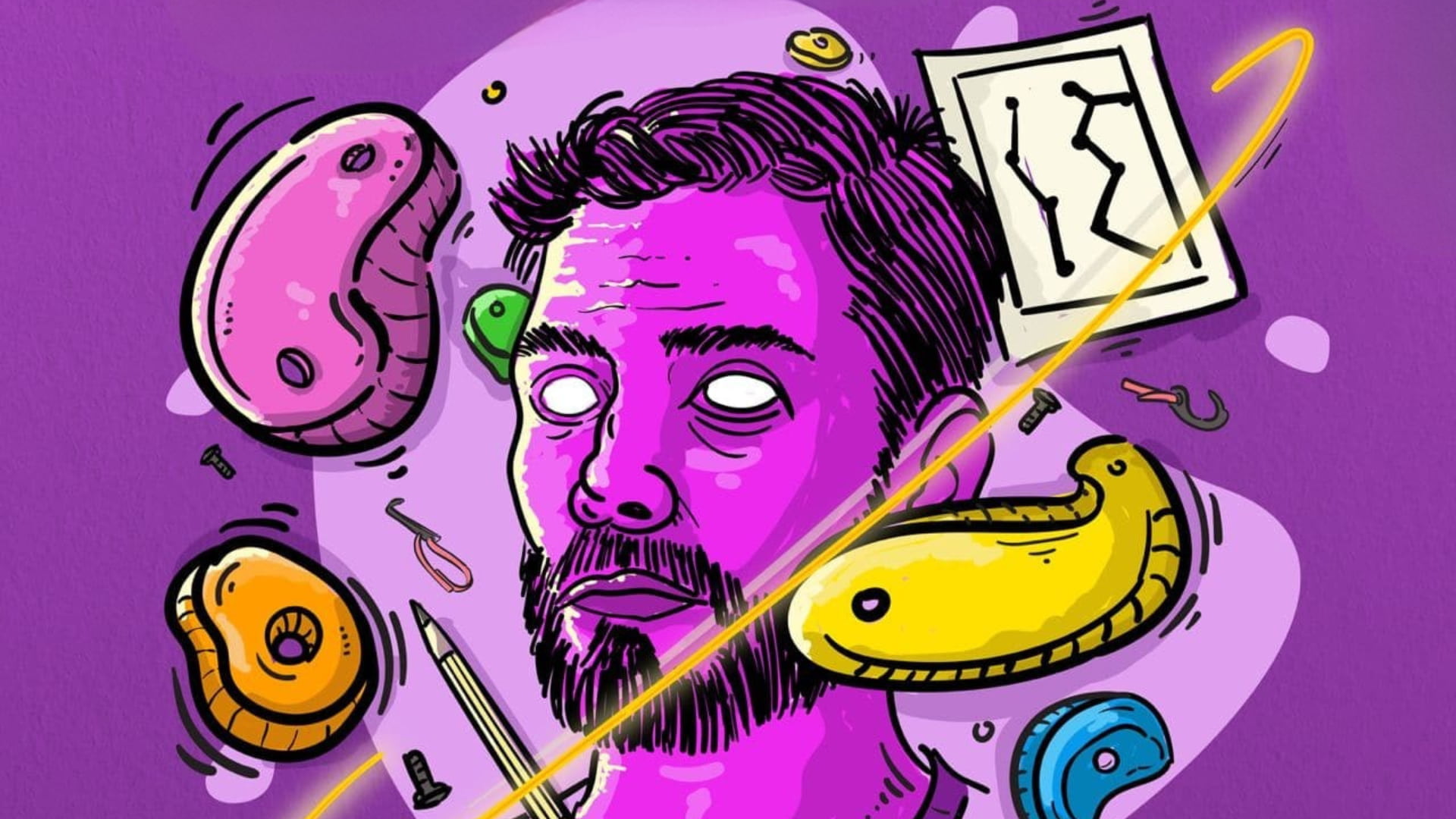 Retrato ilustrado de un routesetter en tonos morados, rodeado de presas de escalada, herramientas y un boceto de ruta sobre fondo violeta.
