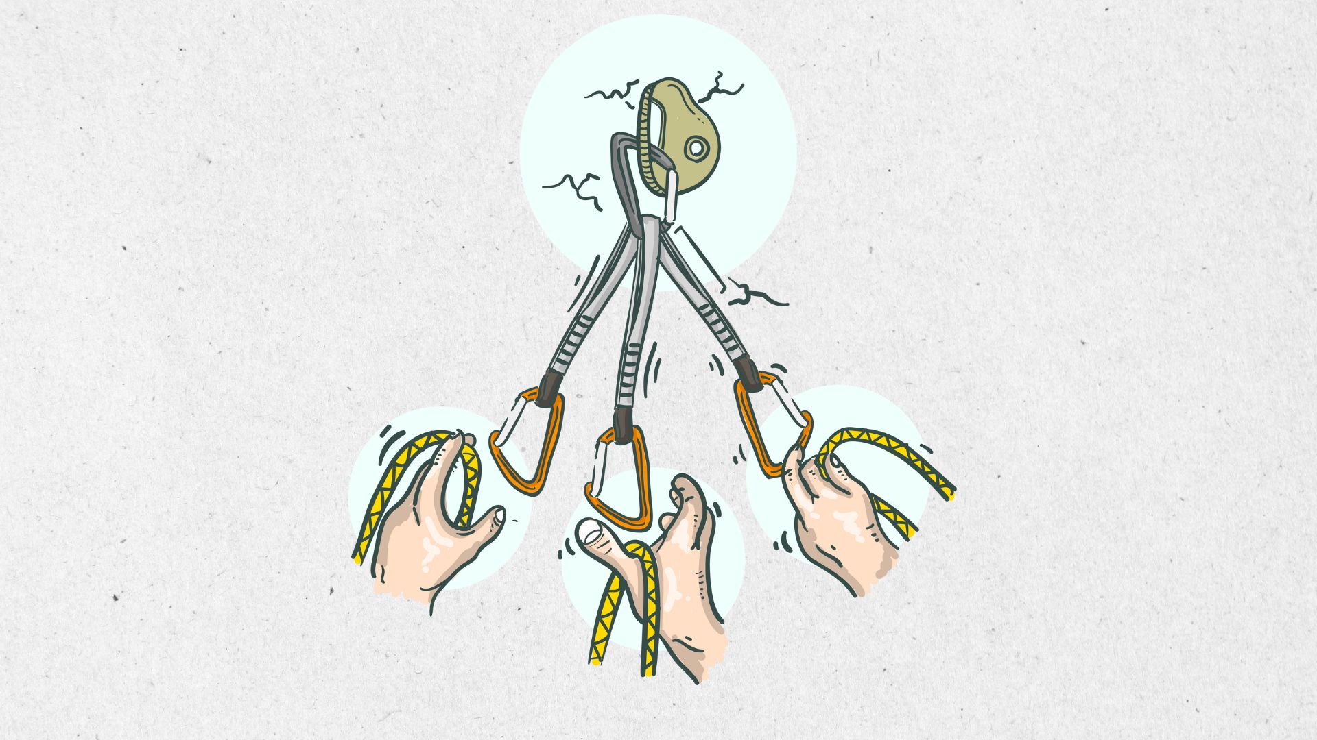 Ilustración de tres técnicas para chapar una cinta exprés en escalada deportiva, mostrando manos insertando cuerda en diferentes tipos de mosquetón.