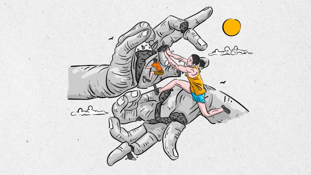 Ilustración de dos escaladoras subiendo por una mano gigante de piedra, representando el vínculo entre el cuidado de las manos y la escalada.