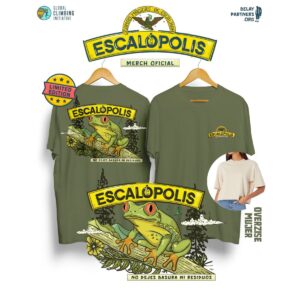 Playera edición limitada Escalópolis color verde con ilustración de rana arborícola y mensaje “No dejes basura ni residuos”.