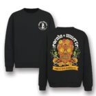 Sudadera negra con calavera de cempasúchil en la espalda y sello esqueleto al frente, edición Día de Muertos.