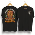 Playera negra con calavera de cempasúchil en la espalda y logo esqueleto al frente.
