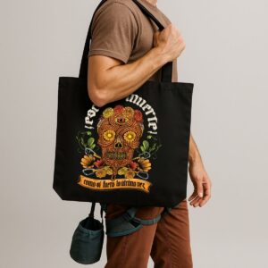Tote bag negra con impresión esqueleto y texto “escala a muerte, como si fuera la última vez”.
