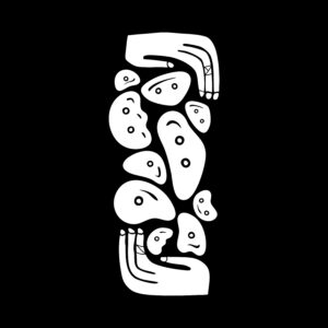 Gráfico Totem Holds: ilustración blanca de tótem de agarres de escalada sobre fondo negro.