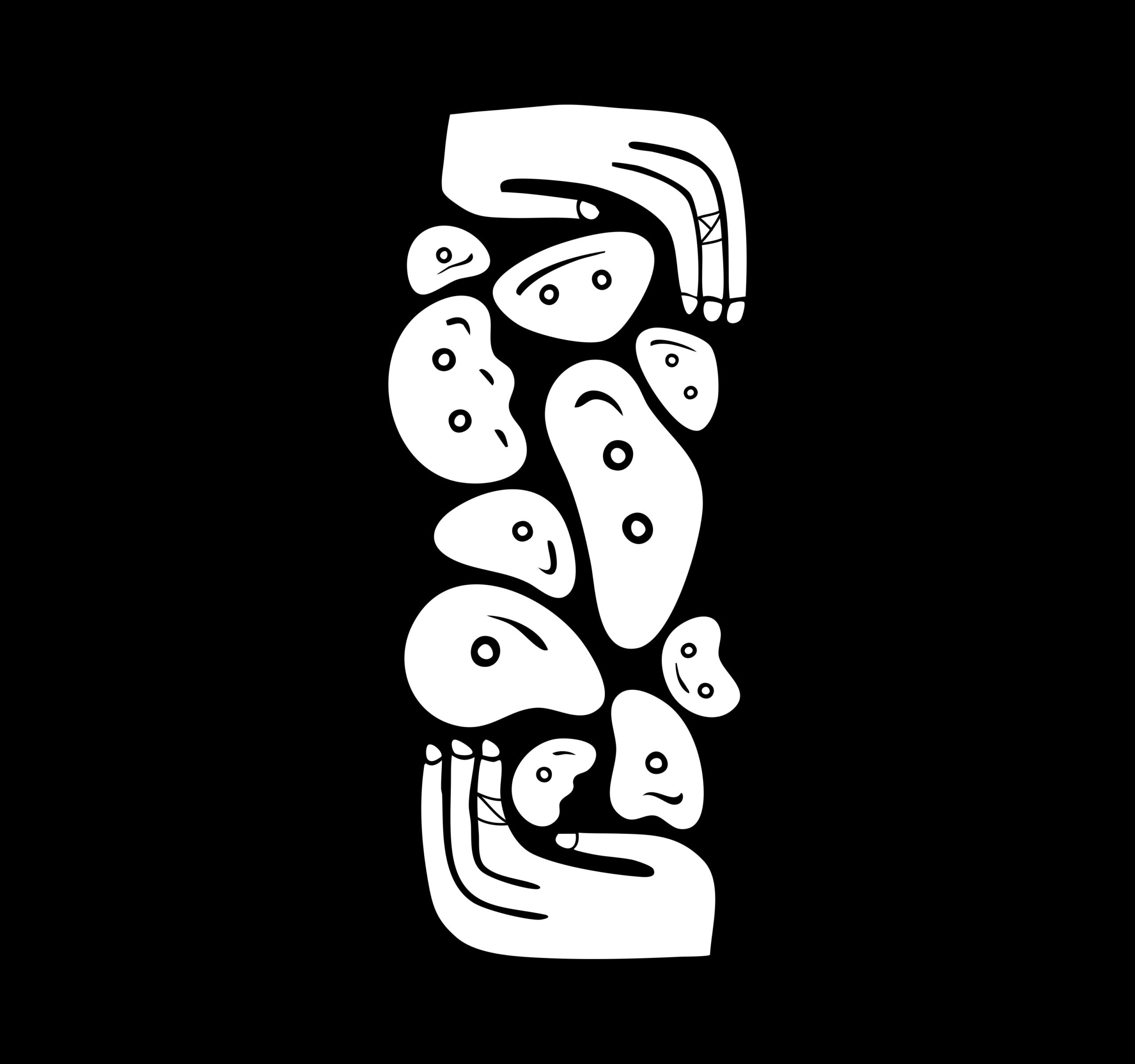 PLAYERA-HANDS-HOLDS2 Gráfico Totem Holds: ilustración blanca de tótem de agarres de escalada sobre fondo negro.