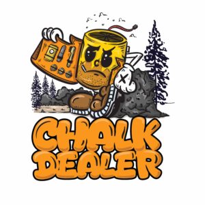 Ilustración Chalk Dealer de Belay Partners para playera de escalada, diseño tipo cartoon con magnesiera y texto Chalk Dealer