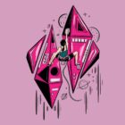 Ilustración Cosmic Climb con escaladora sobre estructuras geométricas rosas, planetas y estrellas en estilo urbano outdoor.