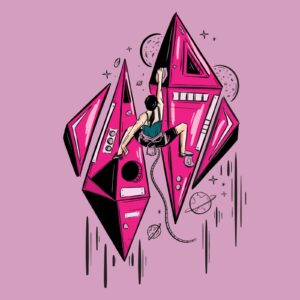 Ilustración Cosmic Climb con escaladora sobre estructuras geométricas rosas, planetas y estrellas en estilo urbano outdoor.