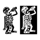 Ilustración Calaca escaladora en blanco y negro con esqueleto escalador usando casco y arnés mientras bebe agua.