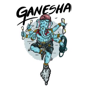 Ilustración original de Ganesha escalador con casco, arnés, mosquetones y cuerda para playera de escalada Belay Partners