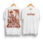 Playera Rest in Crux color blanco de Belay Partners, vista frontal y posterior con ilustración de escalada