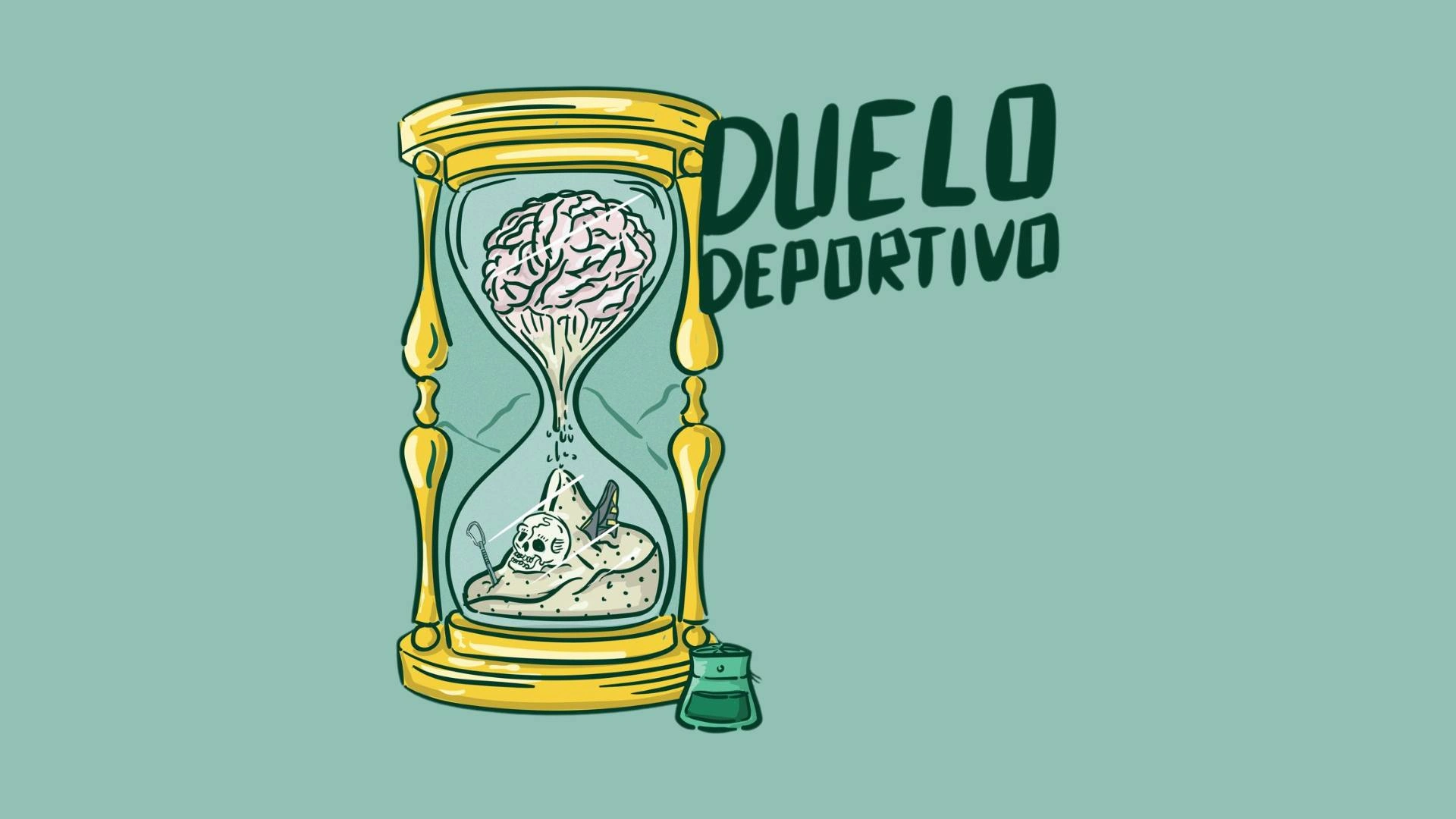 Ilustración de un reloj de arena dorado con un cerebro cayendo hacia un pie de gato dentro, junto al título “Duelo Deportivo”; simboliza el impacto mental de una lesión en escalada.