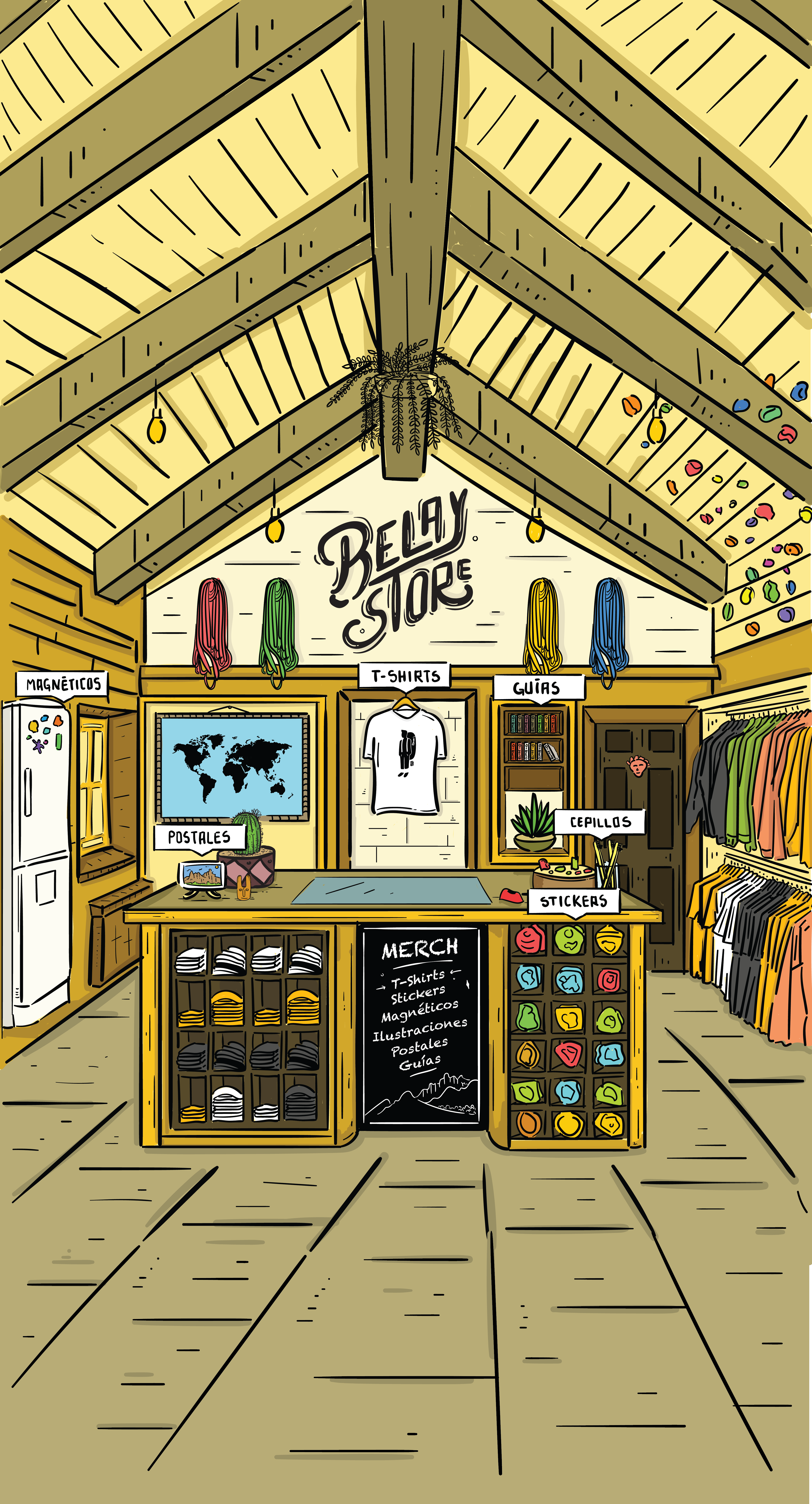 Belay Store: tienda de escalada ilustrada por Carlos Chong