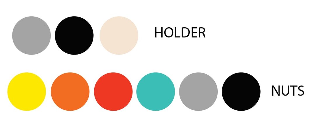 Holder disponible en gris, negro y crema; paleta de colores surtidos para los llaveros Nuts.