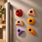 Seis magnéticos con forma de presas de escalada colocados en un refrigerador