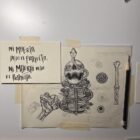 Boceto original en papel con esqueleto, serpiente y flores del diseño Ni muerto de Carlos Chong