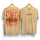 Playera Ni muerto beige de algodón, vista del frente y la espalda con ilustración de Carlos Chong